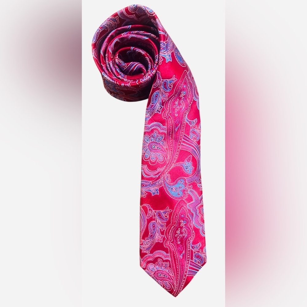 DONALD J TRUMP- Vibrant Paisley Silk Tie -  RED Pink and Blue